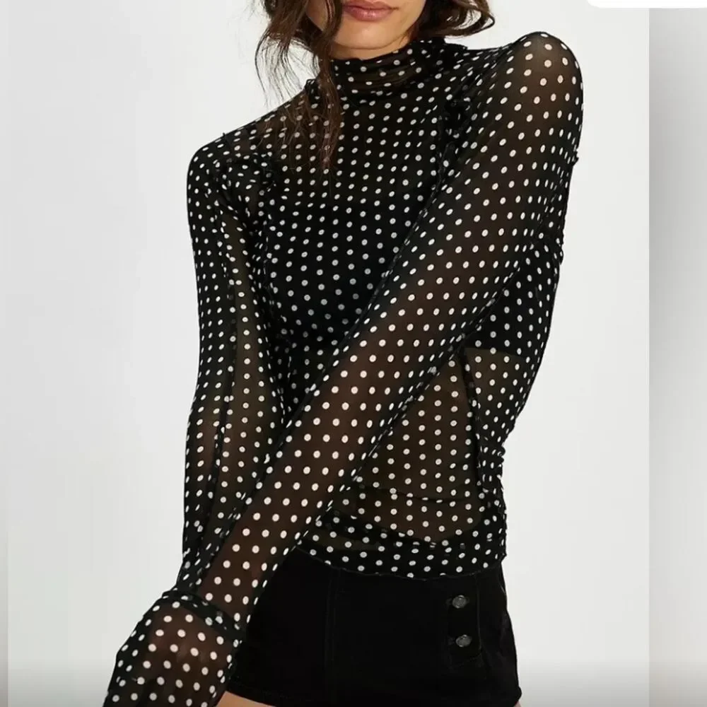 Free People Charlie Printed Mesh Layering Top Luna Dot Black White Small